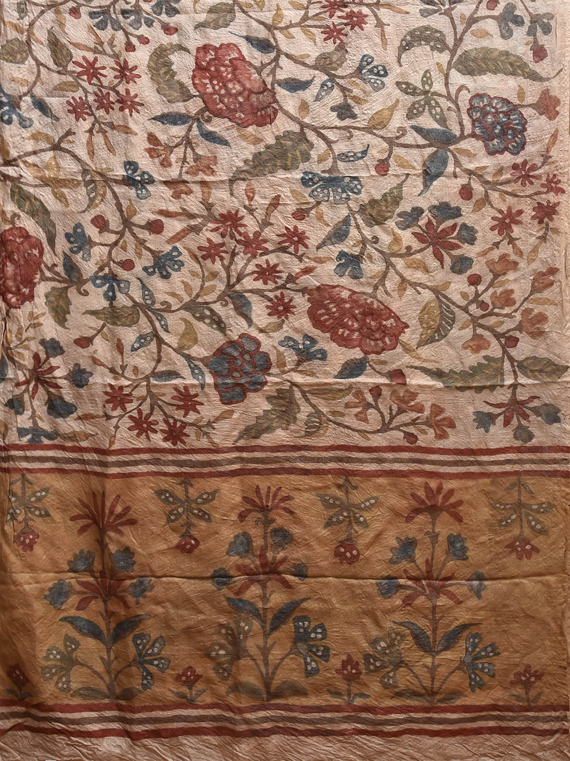 Cream and Mustard Kalamkari Hand Painted Tussar Handloom Saree with Floral Design KL0829