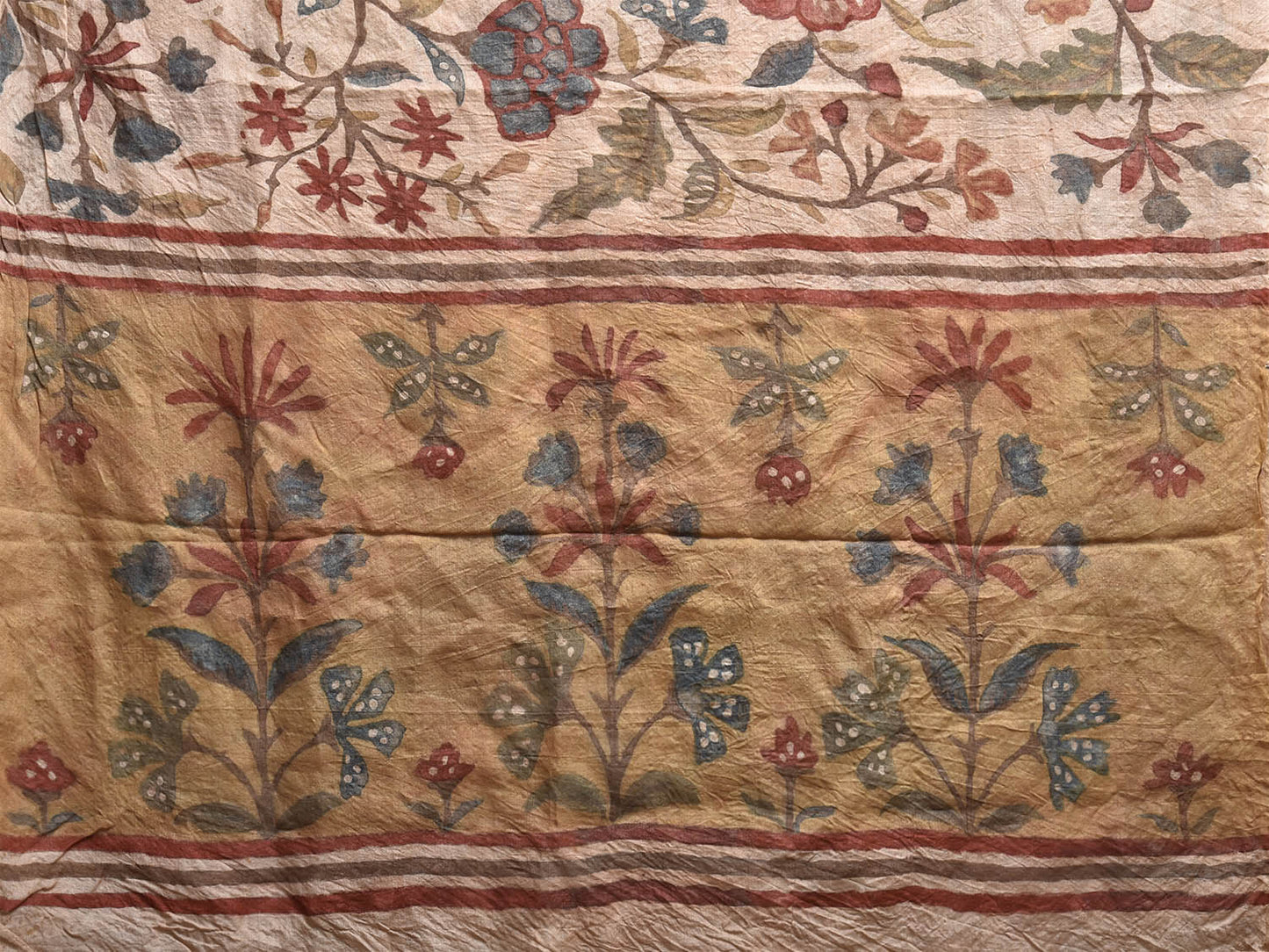 Cream and Mustard Kalamkari Hand Painted Tussar Handloom Saree with Floral Design KL0829