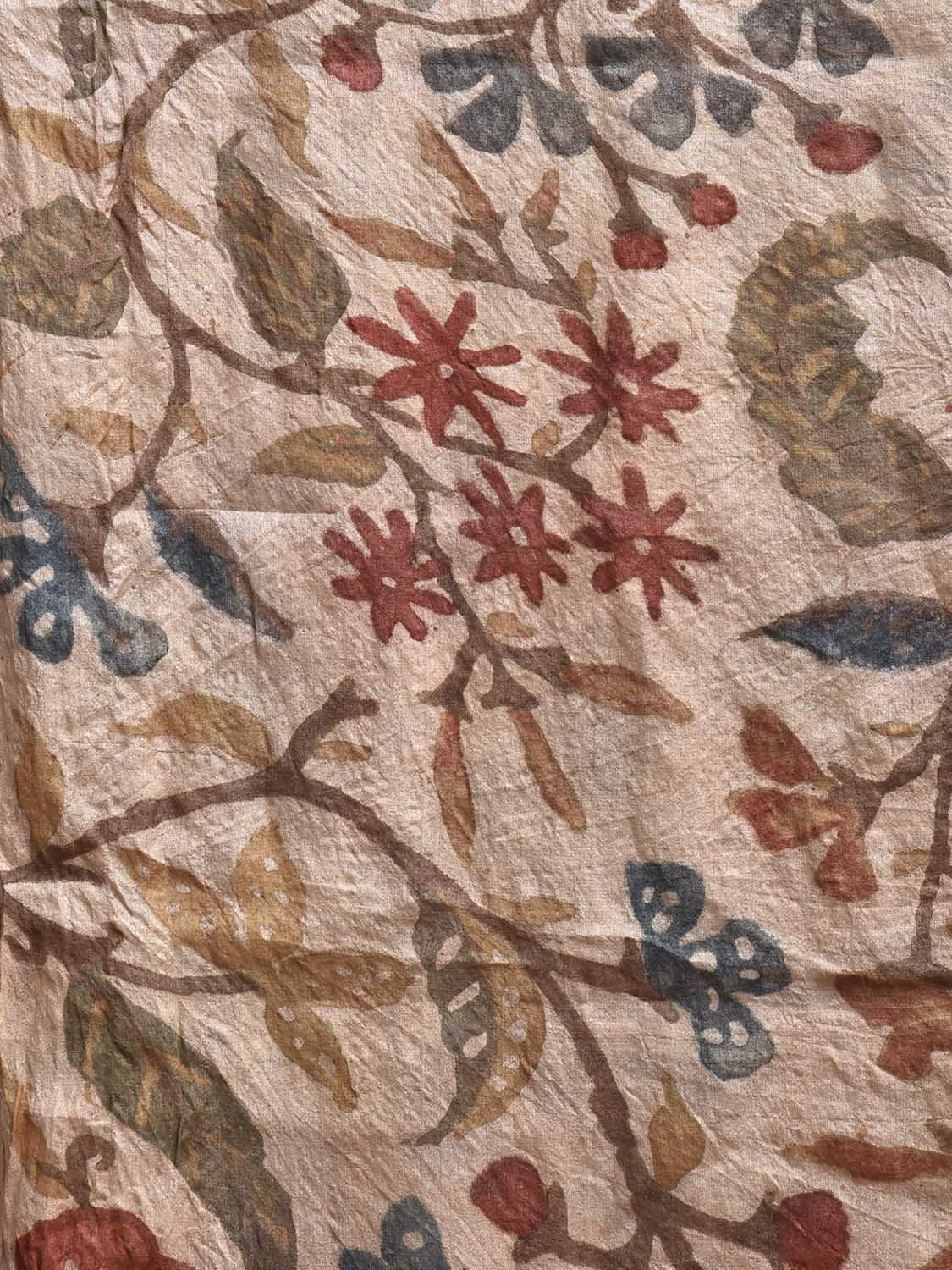 Cream and Mustard Kalamkari Hand Painted Tussar Handloom Saree with Floral Design KL0829