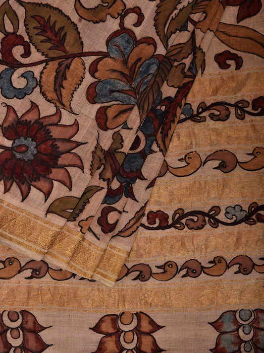 Cream Kalamkari Hand Painted Cotton Handloom Saree with Floral Design KL0831