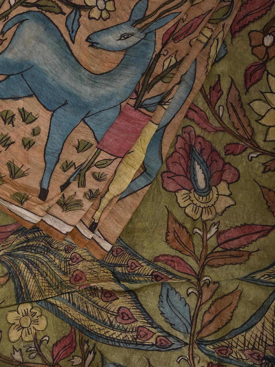 Light Fawn and Green Kalamkari Hand Painted Tussar Handloom Saree with Floral and Deers Design KL0832