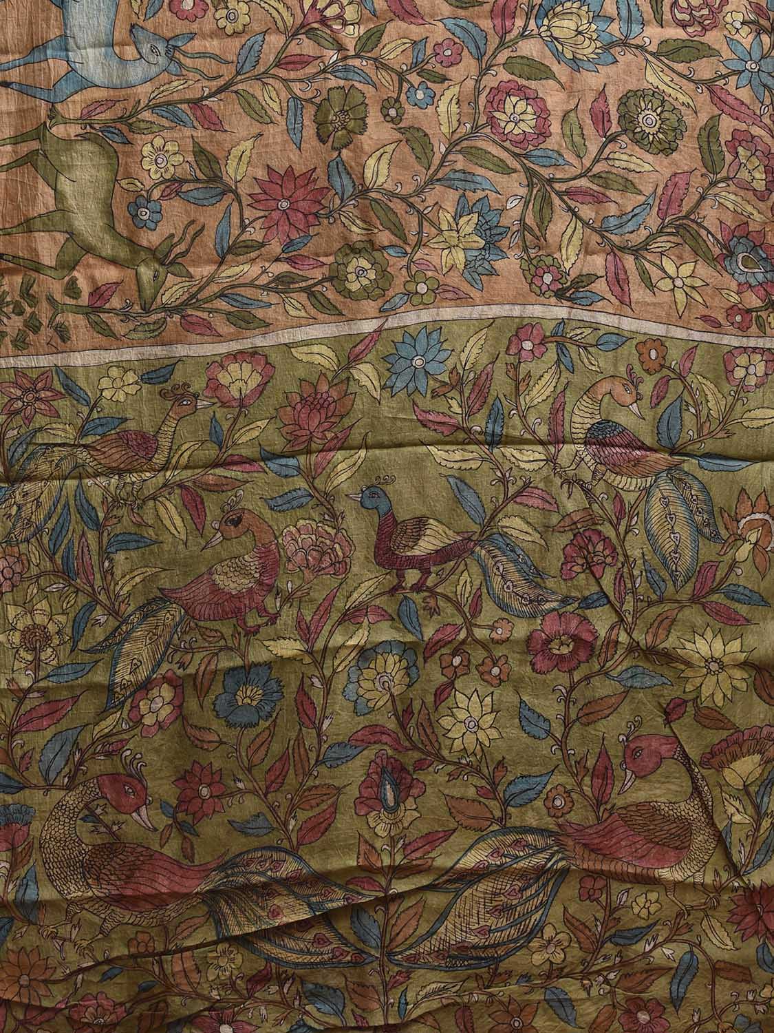 Light Fawn and Green Kalamkari Hand Painted Tussar Handloom Saree with Floral and Deers Design KL0832