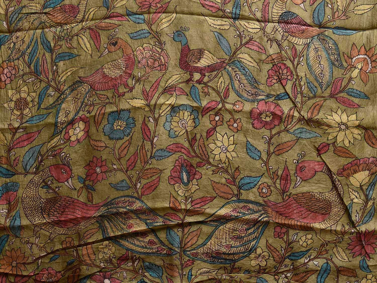 Light Fawn and Green Kalamkari Hand Painted Tussar Handloom Saree with Floral and Deers Design KL0832