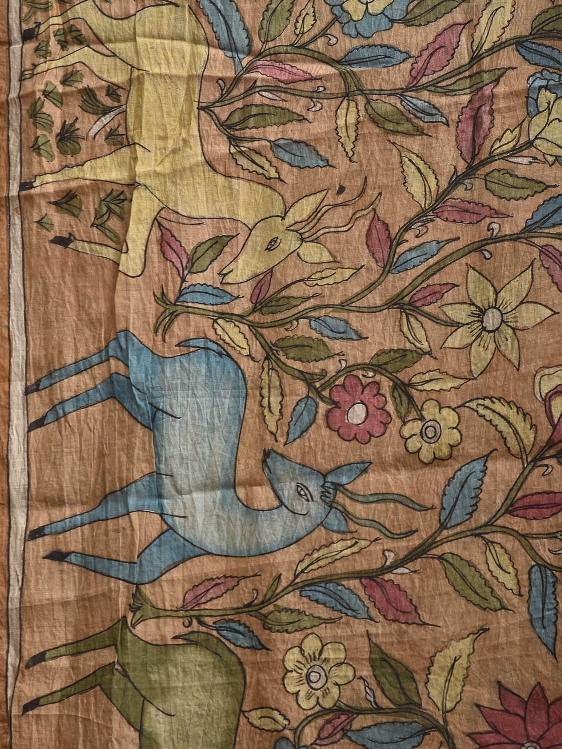 Light Fawn and Green Kalamkari Hand Painted Tussar Handloom Saree with Floral and Deers Design KL0832