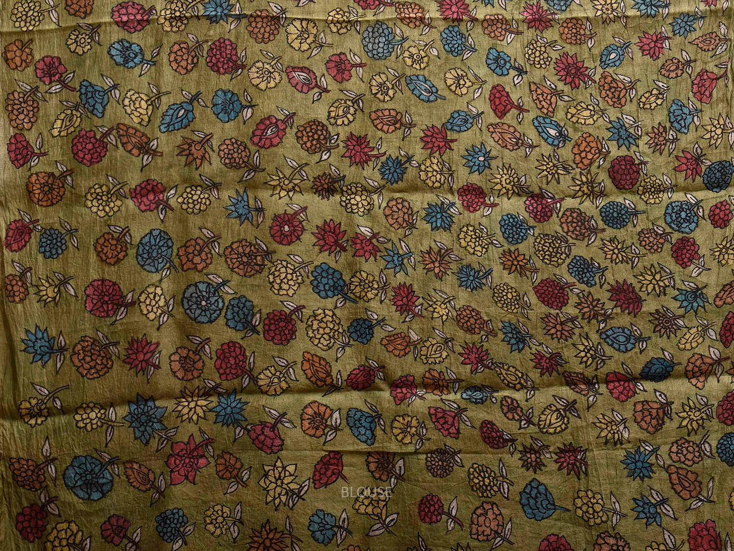 Light Fawn and Green Kalamkari Hand Painted Tussar Handloom Saree with Floral and Deers Design KL0832