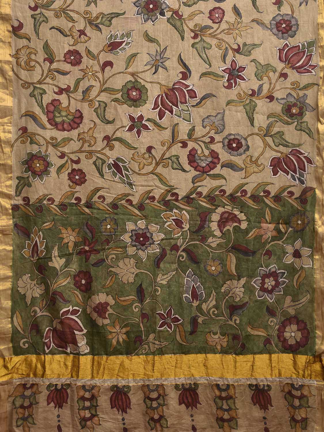 Cream Kalamkari Hand Painted Cotton Handloom Saree with Lotus Flowers Design KL0833
