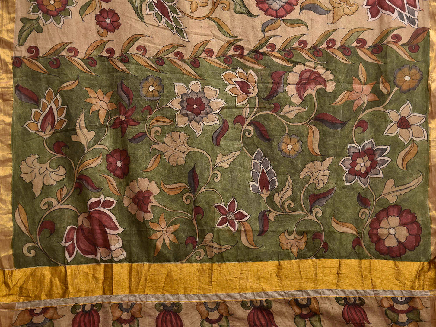 Cream Kalamkari Hand Painted Cotton Handloom Saree with Lotus Flowers Design KL0833