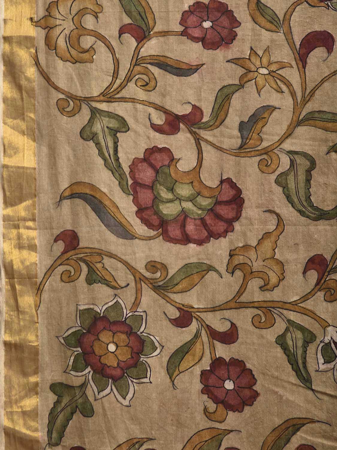 Cream Kalamkari Hand Painted Cotton Handloom Saree with Lotus Flowers Design KL0833