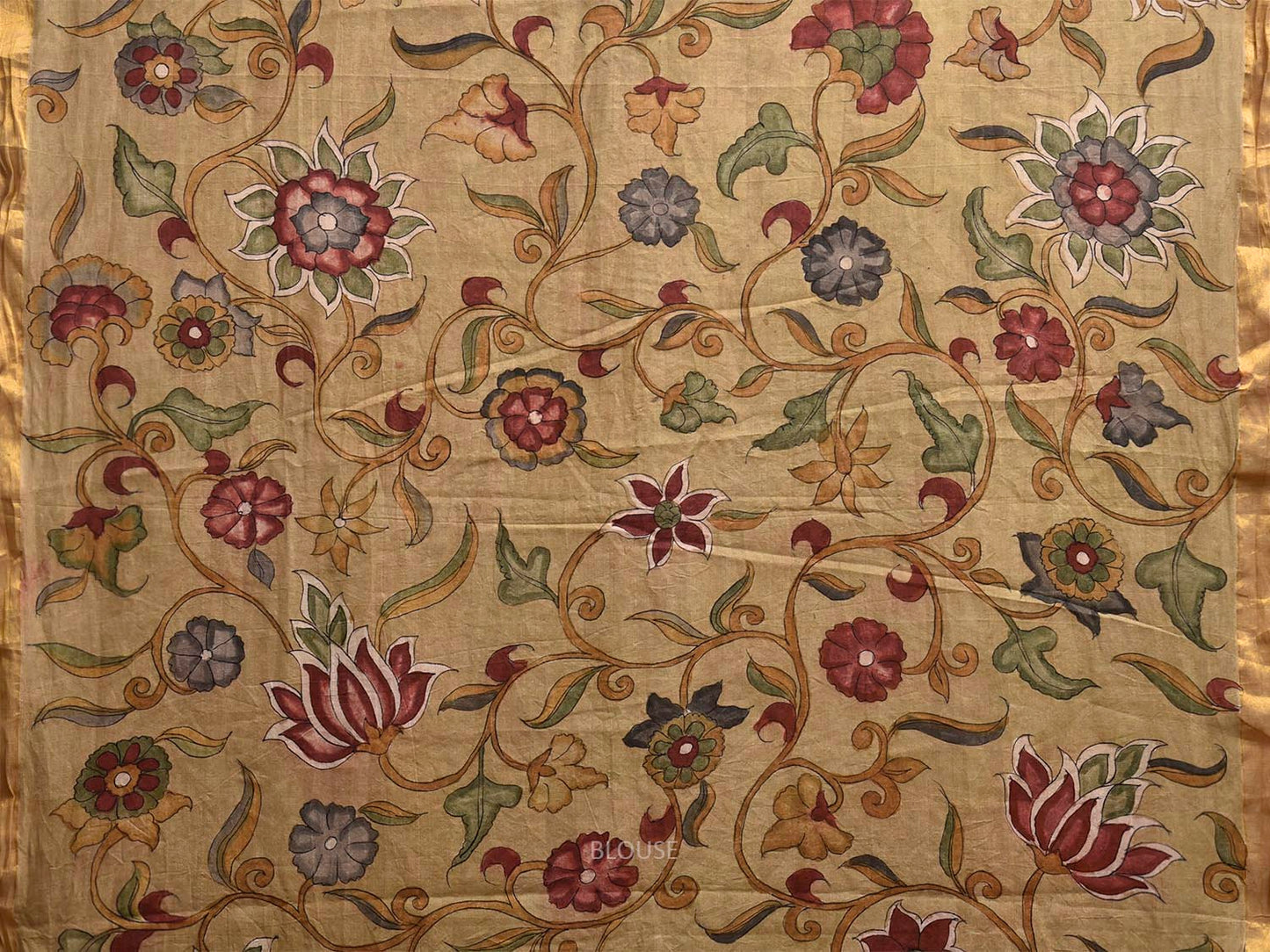 Cream Kalamkari Hand Painted Cotton Handloom Saree with Lotus Flowers Design KL0833