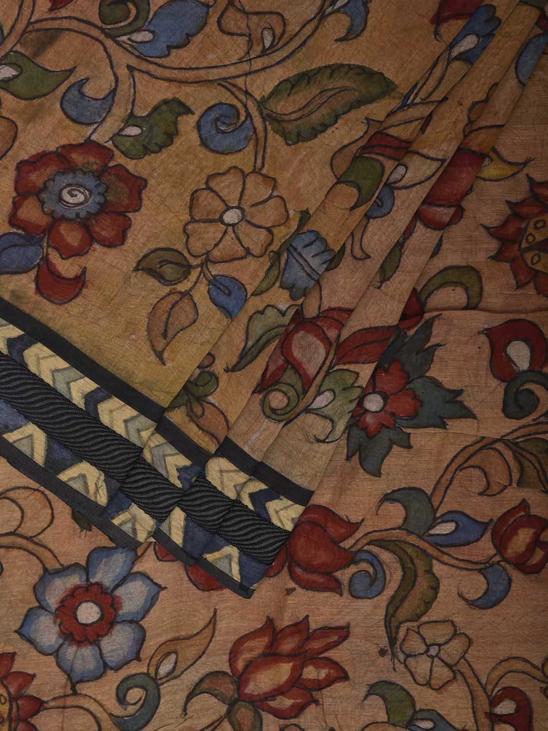 Light Fawn Kalamkari Hand Painted Cotton Silk Fabric with Floral Design KL0834