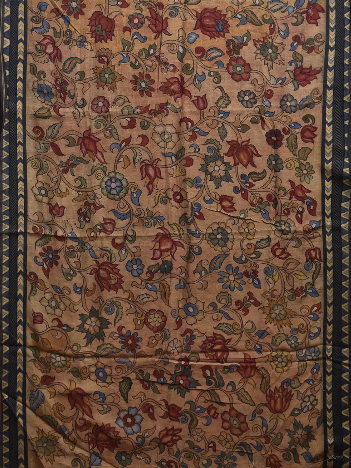 Light Fawn Kalamkari Hand Painted Cotton Silk Fabric with Floral Design KL0834