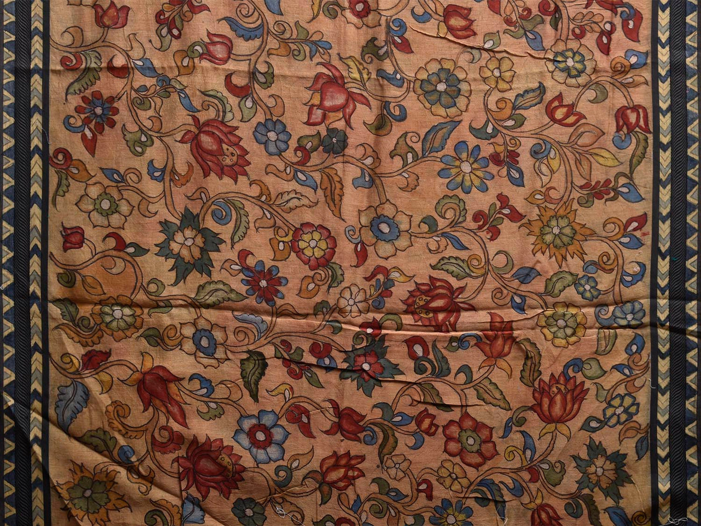 Light Fawn Kalamkari Hand Painted Cotton Silk Fabric with Floral Design KL0834