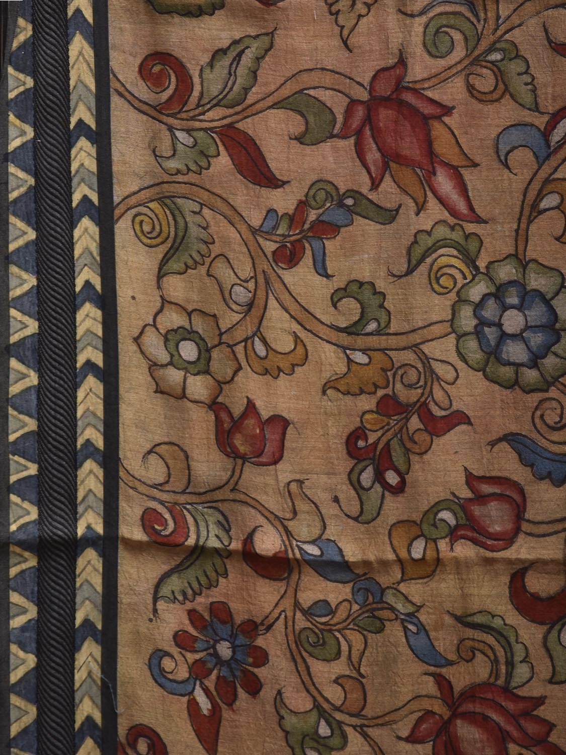 Light Fawn Kalamkari Hand Painted Cotton Silk Fabric with Floral Design KL0834