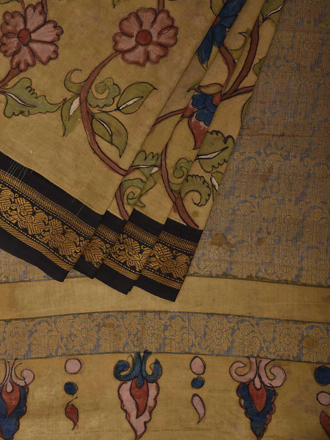 Yellow Kalamkari Hand Painted Gadwal Cotton Handloom Saree with Floral Design KL0836