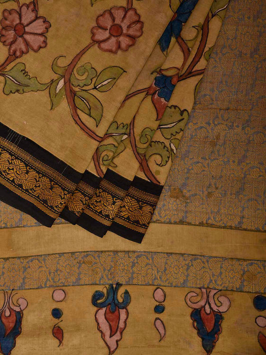 Yellow Kalamkari Hand Painted Gadwal Cotton Handloom Saree with Floral Design KL0836