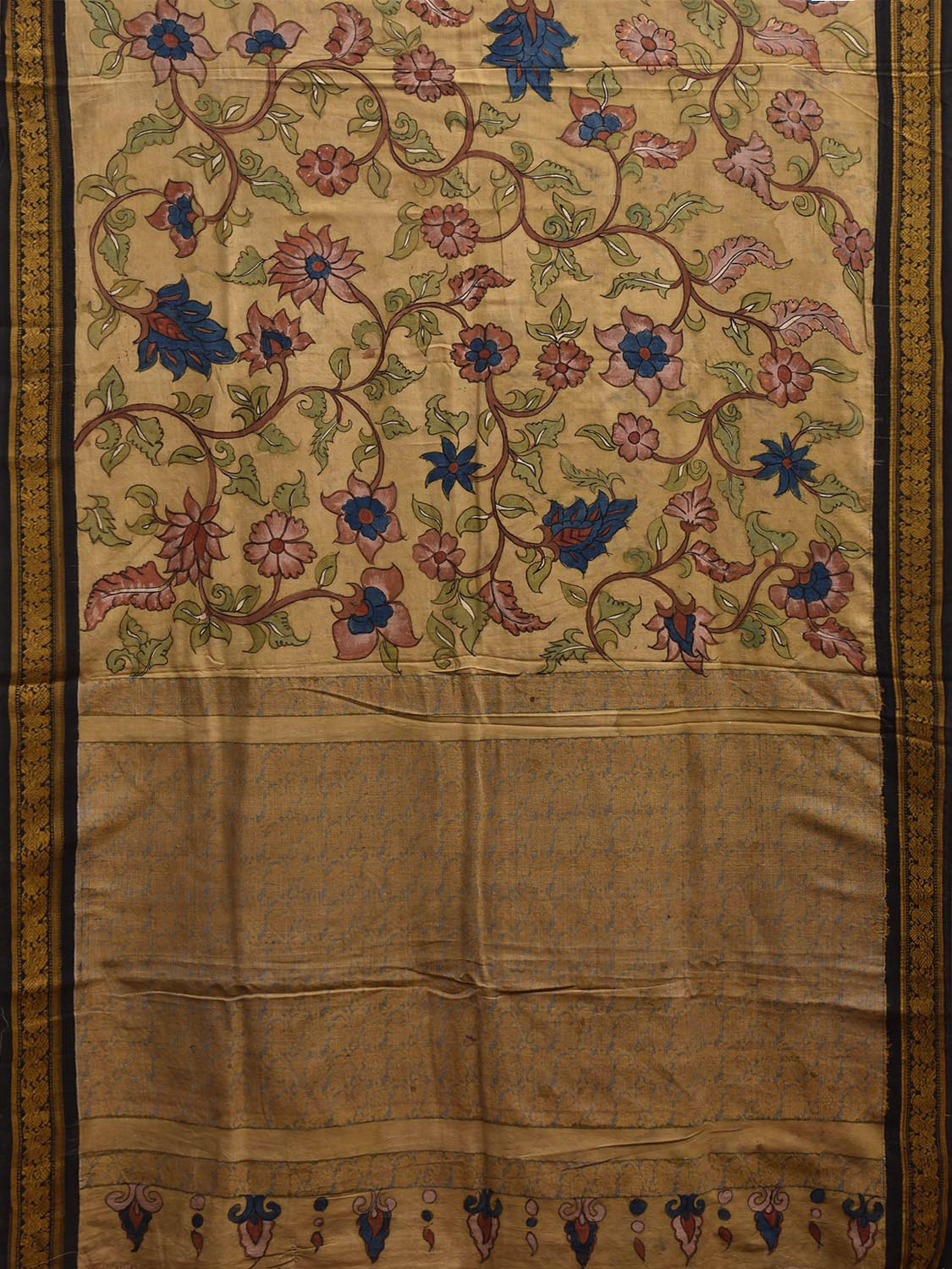 Yellow Kalamkari Hand Painted Gadwal Cotton Handloom Saree with Floral Design KL0836