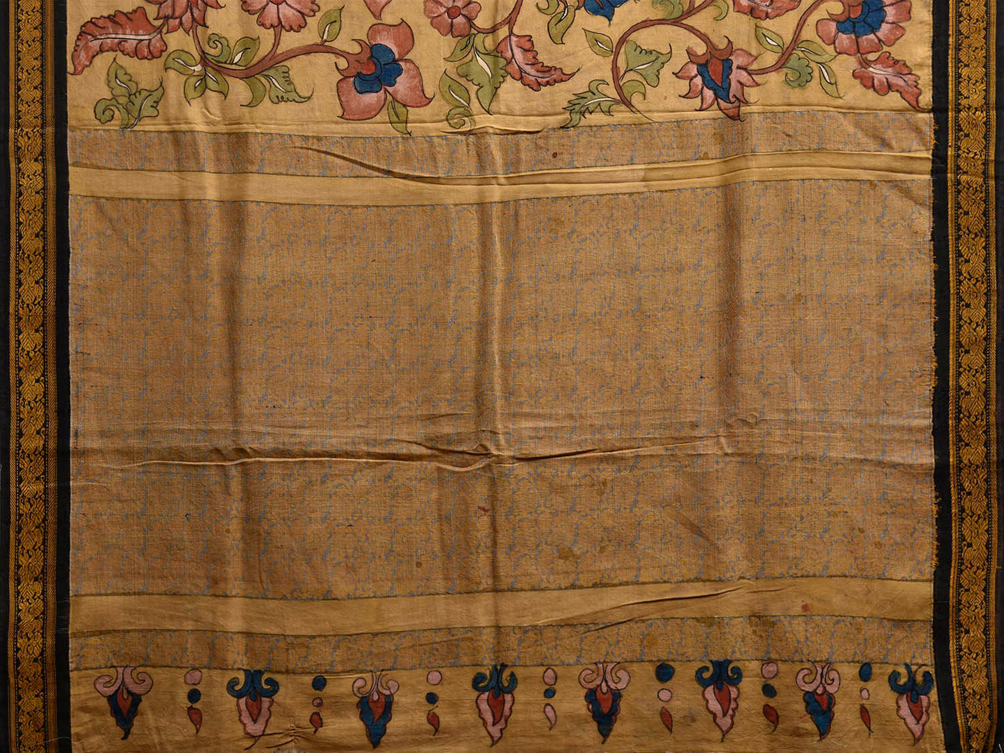 Yellow Kalamkari Hand Painted Gadwal Cotton Handloom Saree with Floral Design KL0836