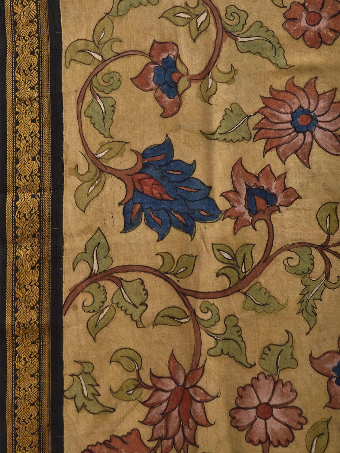 Yellow Kalamkari Hand Painted Gadwal Cotton Handloom Saree with Floral Design KL0836