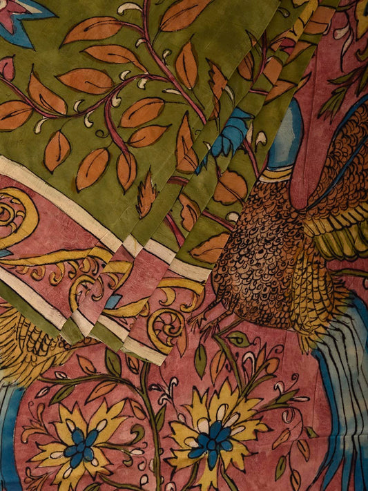 Green and Peach Kalamkari Hand Painted Crepe Saree with Floral and Birds Pallu Design KL0837