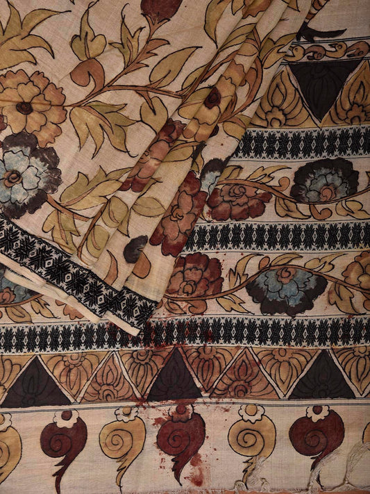 Cream Kalamkari Hand Painted Tussar Handloom Saree with Floral and Peacocks Pallu Design KL0838