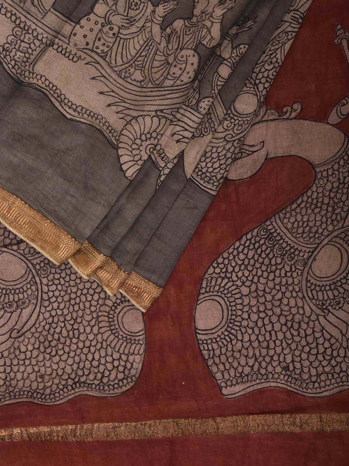 Grey and Red Kalamkari Hand Painted Muga Silk Handloom Saree with Floral and Mythological Design KL0839