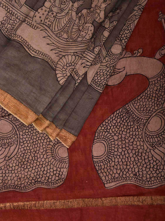 Grey and Red Kalamkari Hand Painted Muga Silk Handloom Saree with Floral and Mythological Design KL0839
