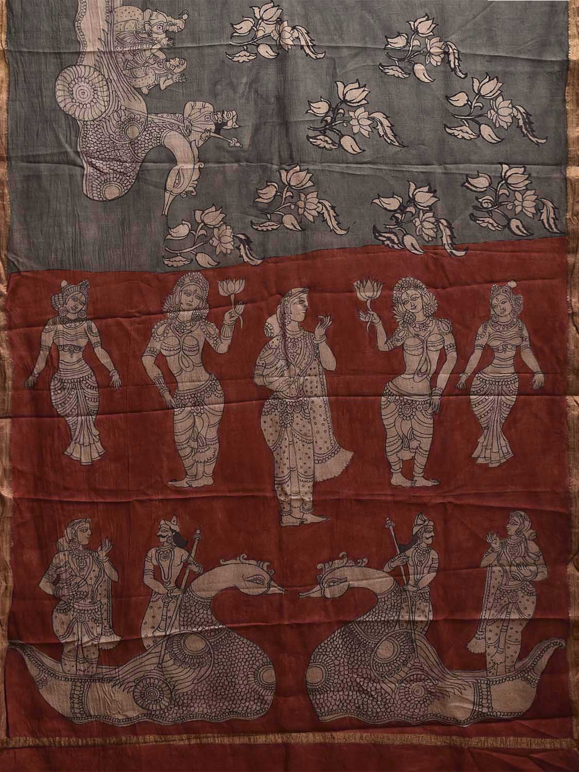 Grey and Red Kalamkari Hand Painted Muga Silk Handloom Saree with Floral and Mythological Design KL0839