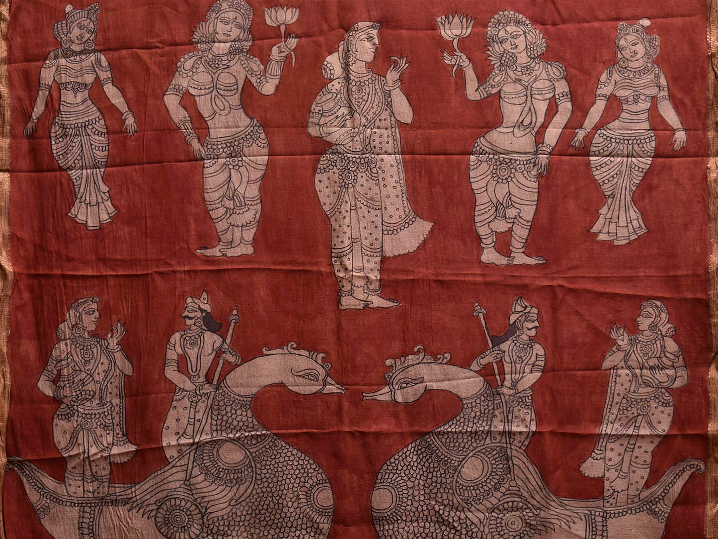 Grey and Red Kalamkari Hand Painted Muga Silk Handloom Saree with Floral and Mythological Design KL0839