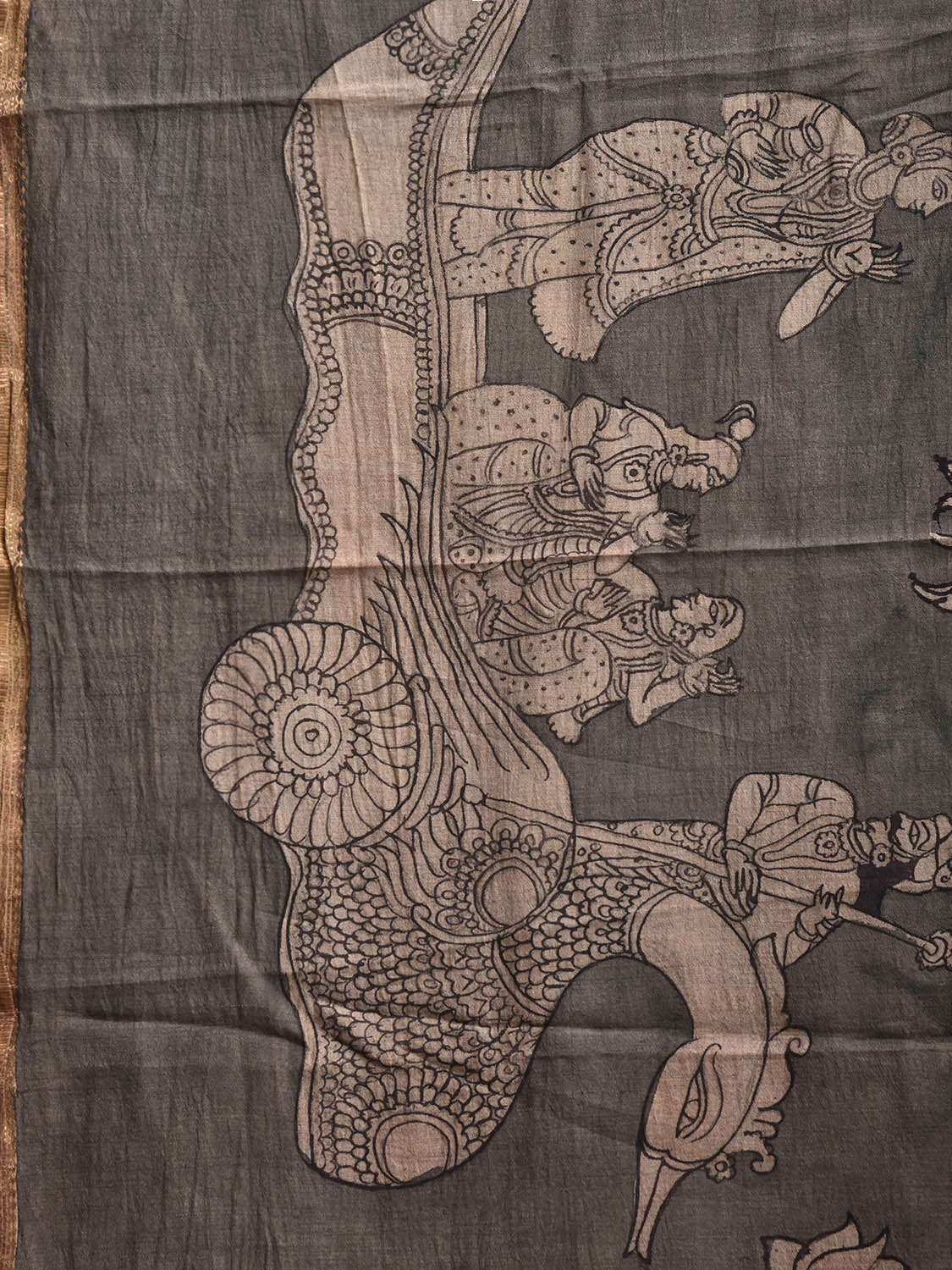 Grey and Red Kalamkari Hand Painted Muga Silk Handloom Saree with Floral and Mythological Design KL0839