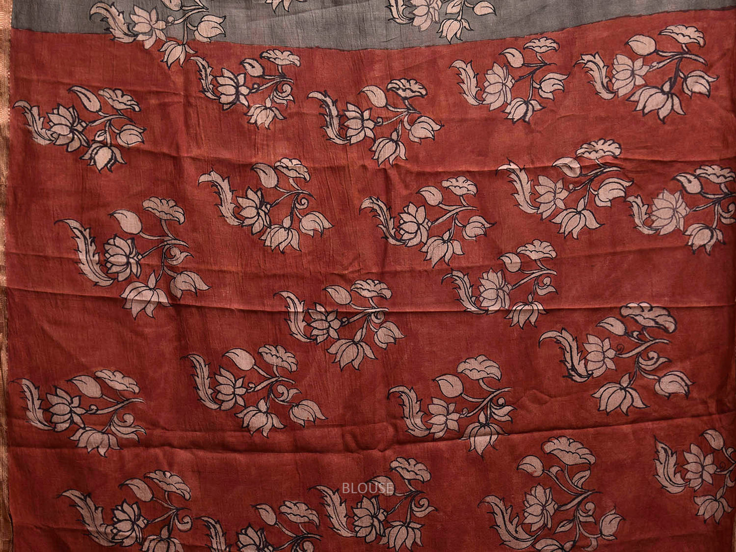 Grey and Red Kalamkari Hand Painted Muga Silk Handloom Saree with Floral and Mythological Design KL0839