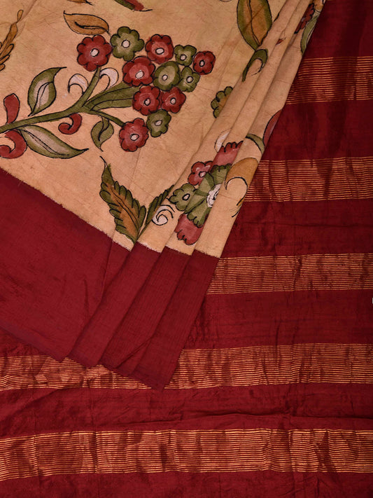 Cream and Maroon Kalamkari Hand Painted Gadwal Silk Handloom Saree with Floral Design No Blouse KL0840