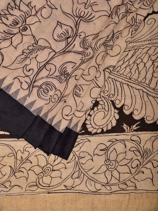 White and Black Kalamkari Hand Painted Khadi Cotton Handloom Saree with Floral and Peacock Pallu Design KL0841