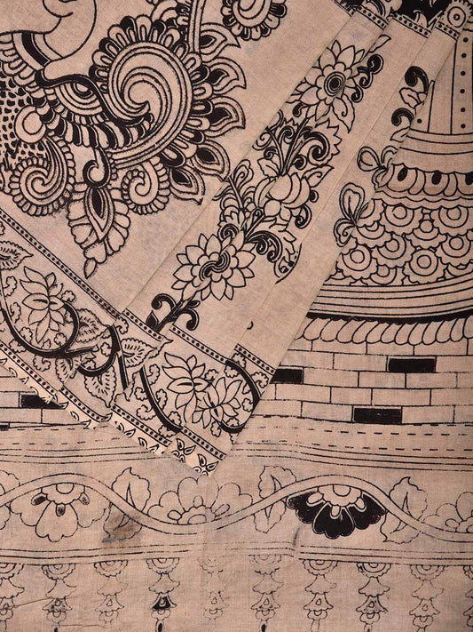 White and Black Kalamkari Digital Print Cotton Saree with Floral Body and Peacock Border-Pallu Design KL0842