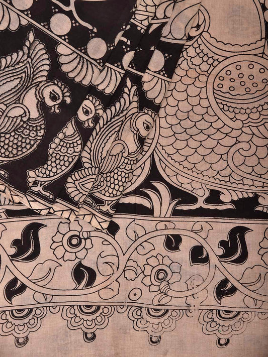 White and Black Kalamkari Digital Print Cotton Saree with Chequered and Peacocks Body Design KL0843
