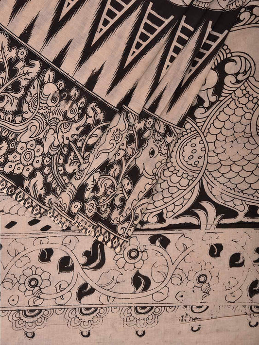White and Black Kalamkari Digital Print Cotton Saree with Peacocks and Elephant Border Design KL0844