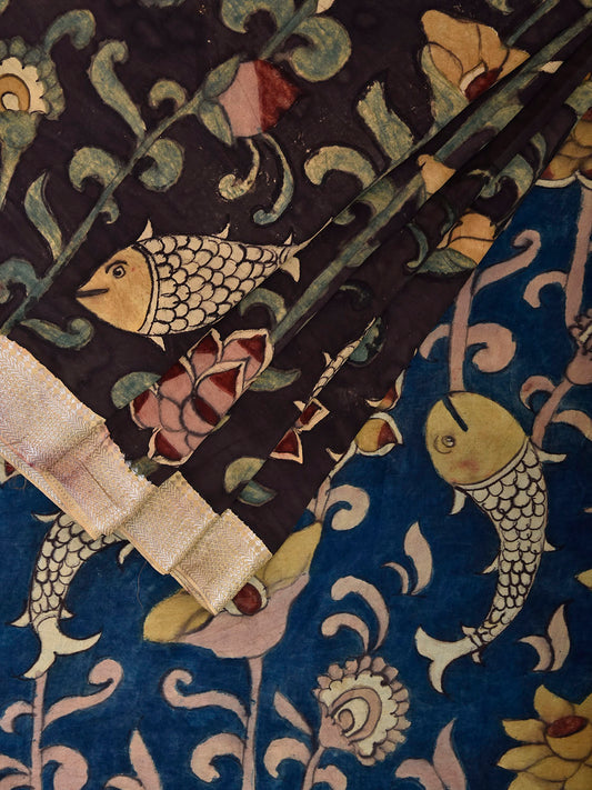 Black and Blue Kalamkari Hand Painted Sico Saree with Fishes and Lotus Flowers Design No Blouse KL0845