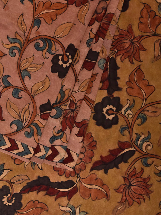 Peach and Yellow Kalamkari Hand Painted Sico Saree with All Over Floral Design No Blouse KL0846