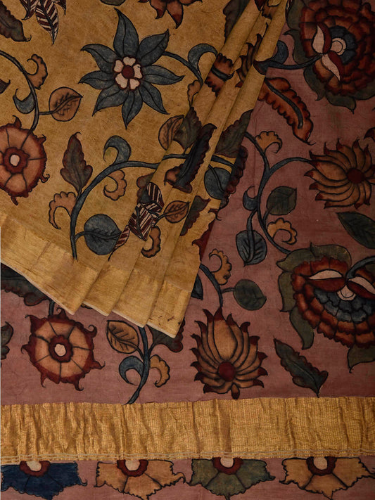 Yellow and Peach Kalamkari Hand Painted Cotton Saree with Floral Design KL0847