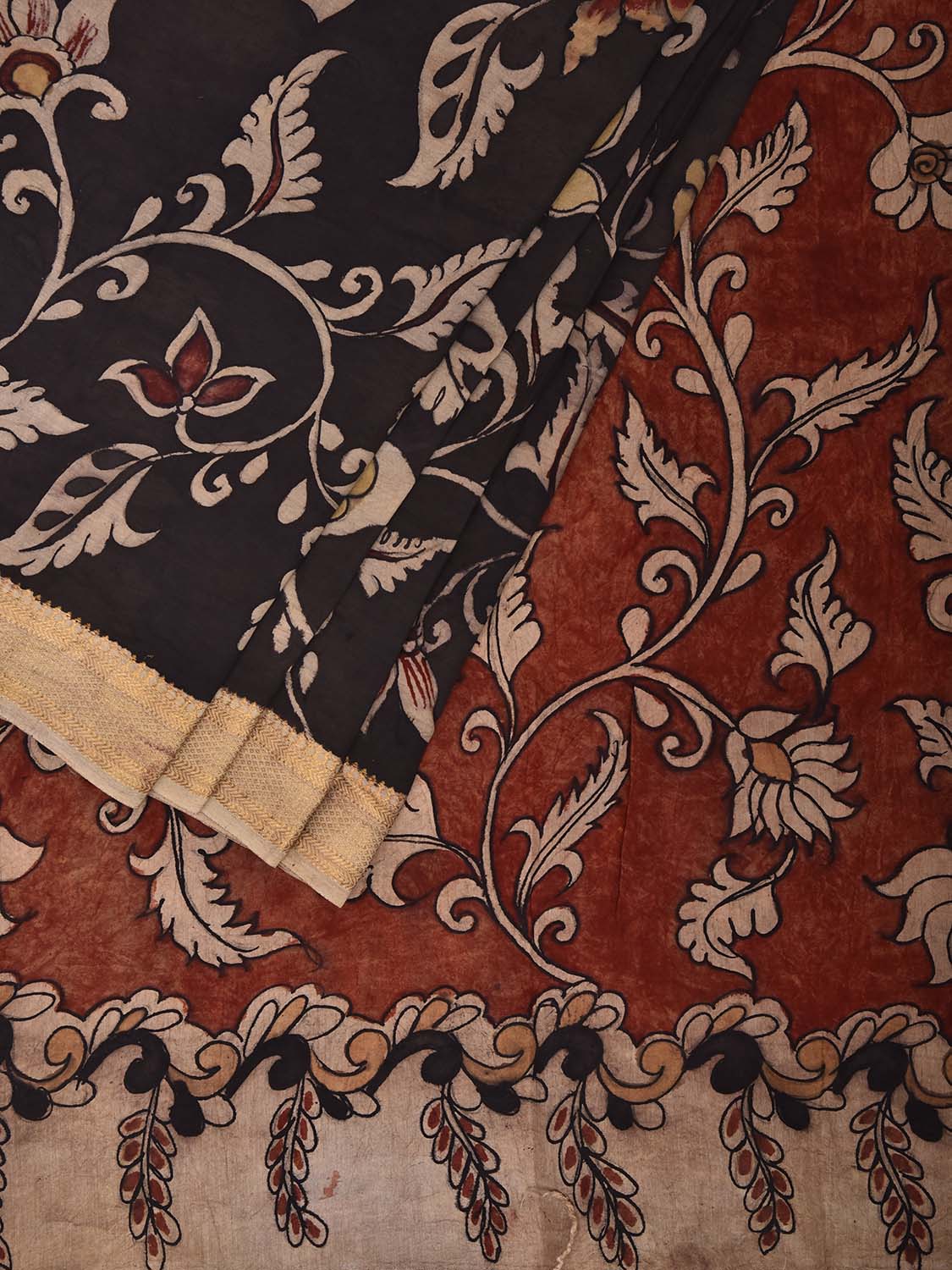 Black and Red Kalamkari Hand Painted Sico Saree with Floral Design No Blouse KL0848