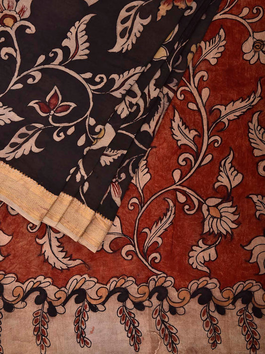 Black and Red Kalamkari Hand Painted Sico Saree with Floral Design No Blouse KL0848