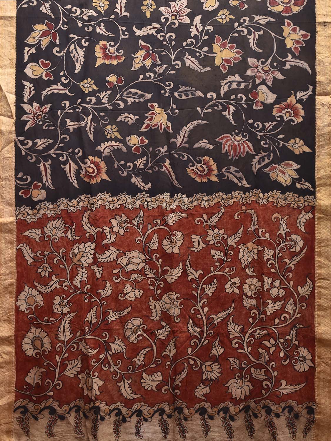 Black and Red Kalamkari Hand Painted Sico Saree with Floral Design No Blouse KL0848