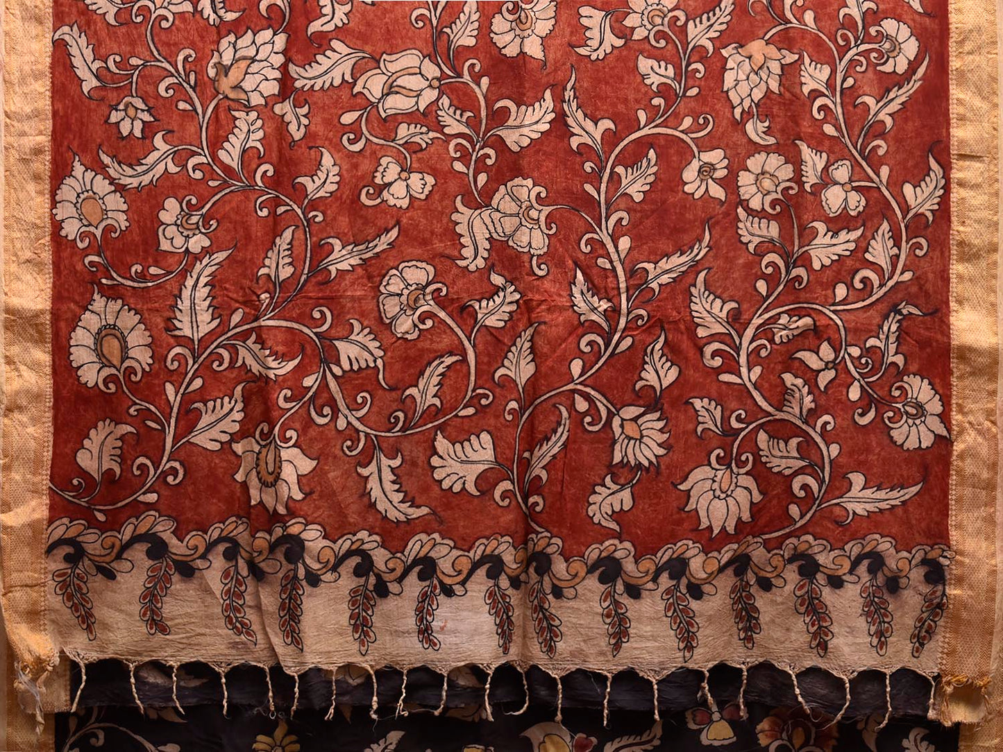 Black and Red Kalamkari Hand Painted Sico Saree with Floral Design No Blouse KL0848