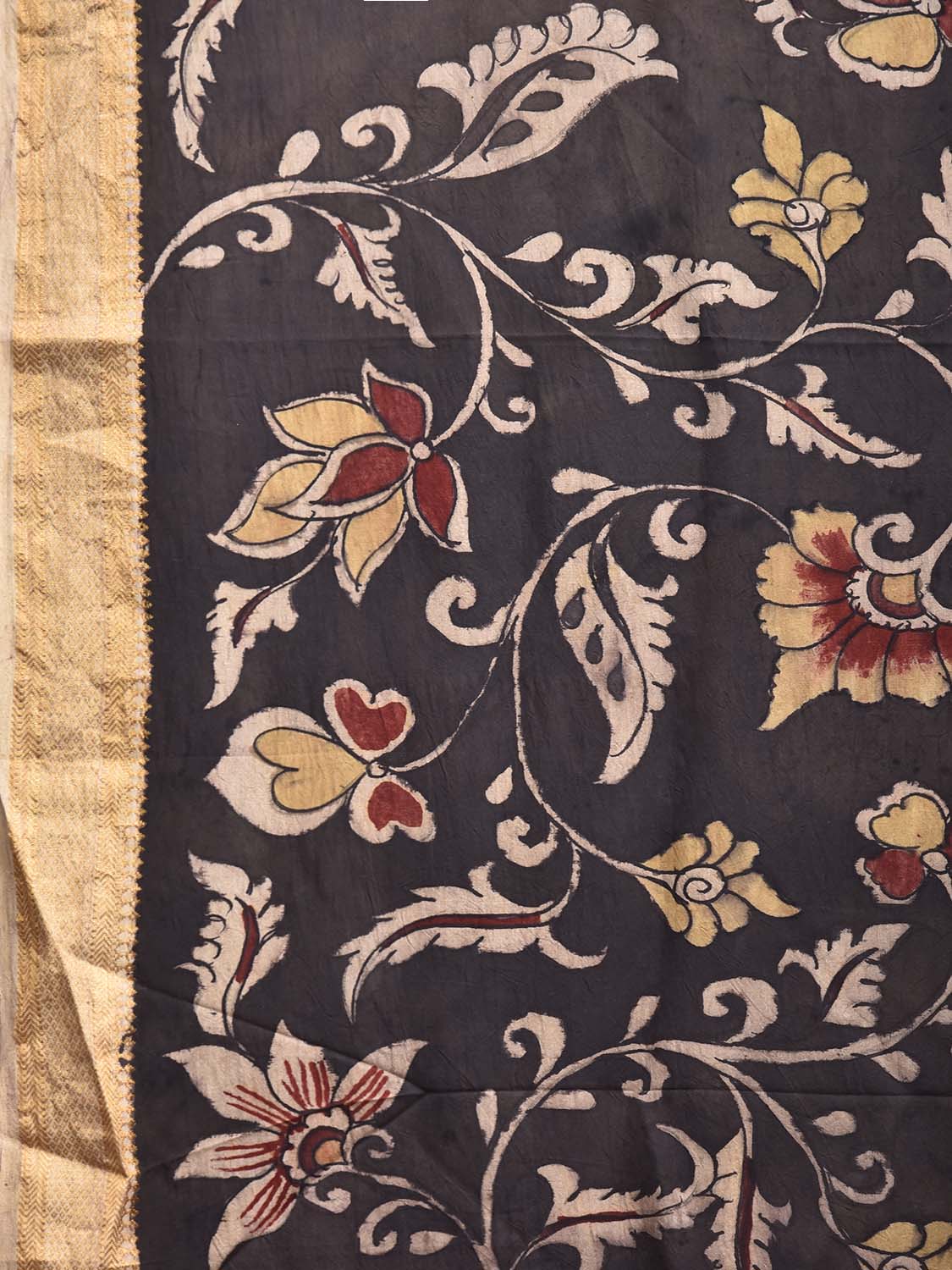 Black and Red Kalamkari Hand Painted Sico Saree with Floral Design No Blouse KL0848