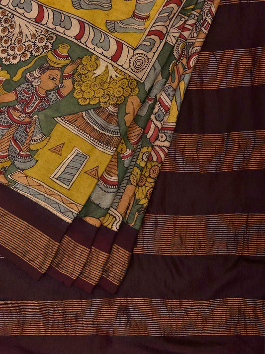 Green and Brown Kalamkari Hand Painted Gadwal Silk Saree with Dashavatar Design KL0849