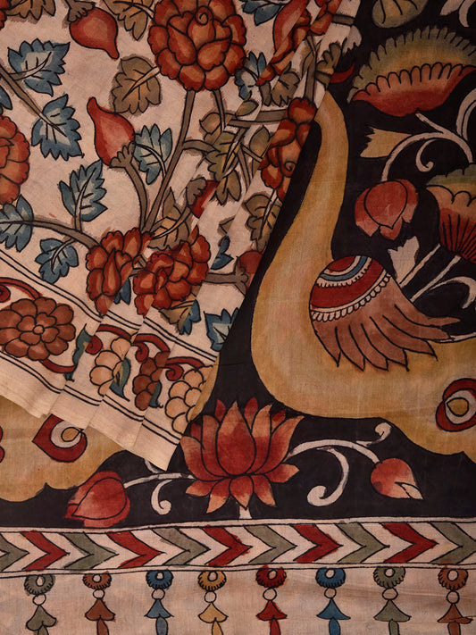 Cream and Black Kalamkari Hand Painted Silk Handloom Saree with Floral and Peacocks Pallu Design KL0850