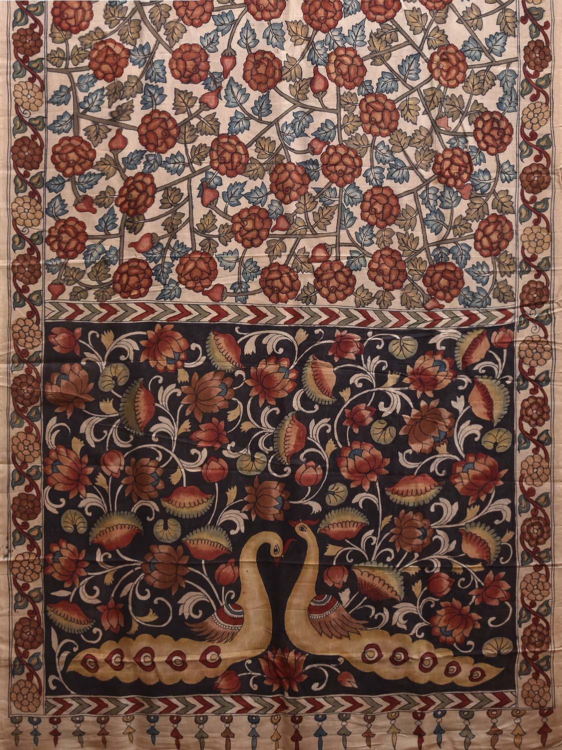 Cream and Black Kalamkari Hand Painted Silk Handloom Saree with Floral and Peacocks Pallu Design KL0850