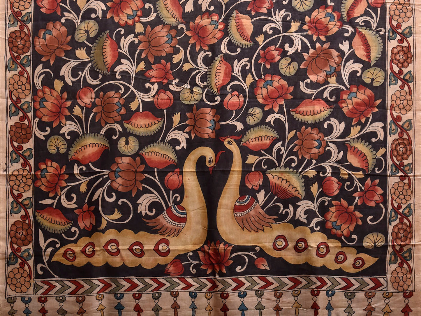 Cream and Black Kalamkari Hand Painted Silk Handloom Saree with Floral and Peacocks Pallu Design KL0850