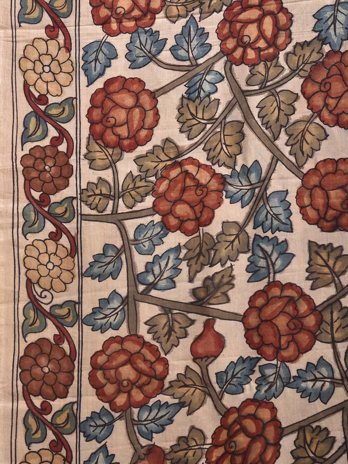 Cream and Black Kalamkari Hand Painted Silk Handloom Saree with Floral and Peacocks Pallu Design KL0850