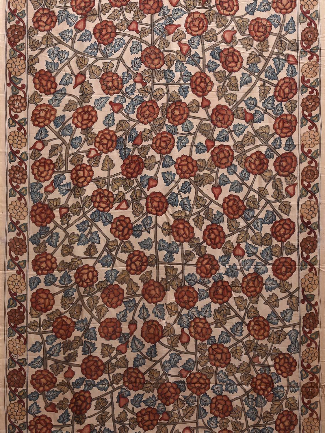 Cream and Black Kalamkari Hand Painted Silk Handloom Saree with Floral and Peacocks Pallu Design KL0850