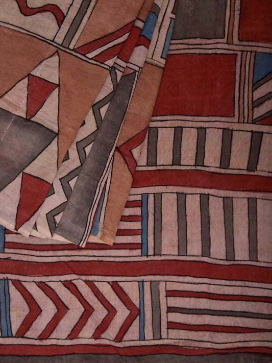 Multicolor Kalamkari Hand Painted Sico Saree with All Over Geometric Design KL0851